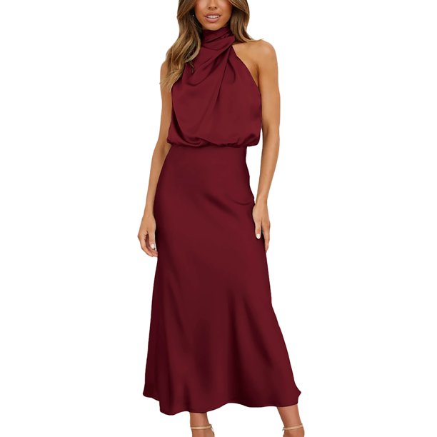 ALSLIAO Women Long Formal Satin Dress Mock Neck Sleeveless Flowy Maxi Party Dresses Wine Red M