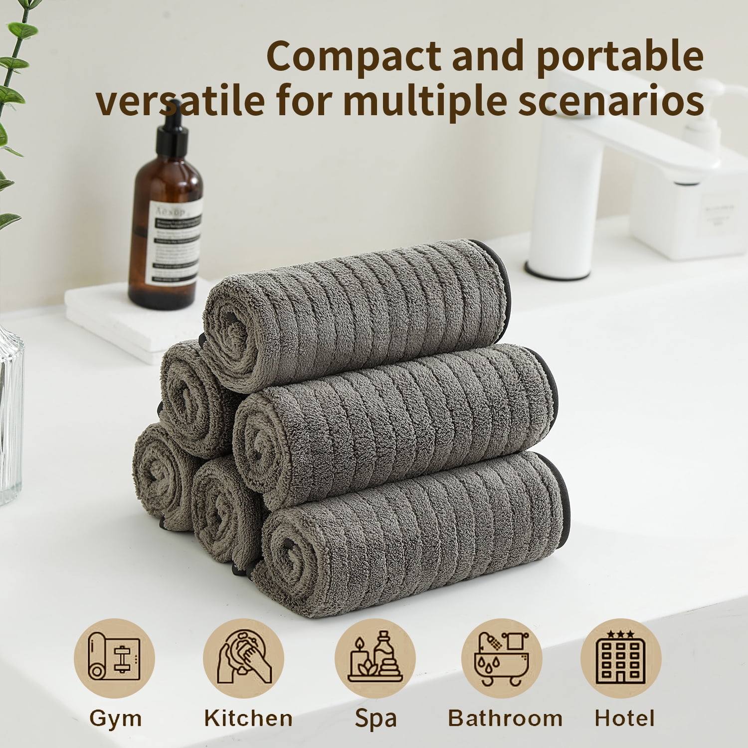 Jessy Home 6 Pack Brown Stripe Washcloths for Bathroom 13x13 Inch Ultra Soft Hand Face Towels