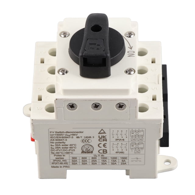 32A 1000V DC Solar Disconnect Switch with Flame Retardant PC Housing - 4P DIN Rail Mount Isolator for Photovoltaic Systems