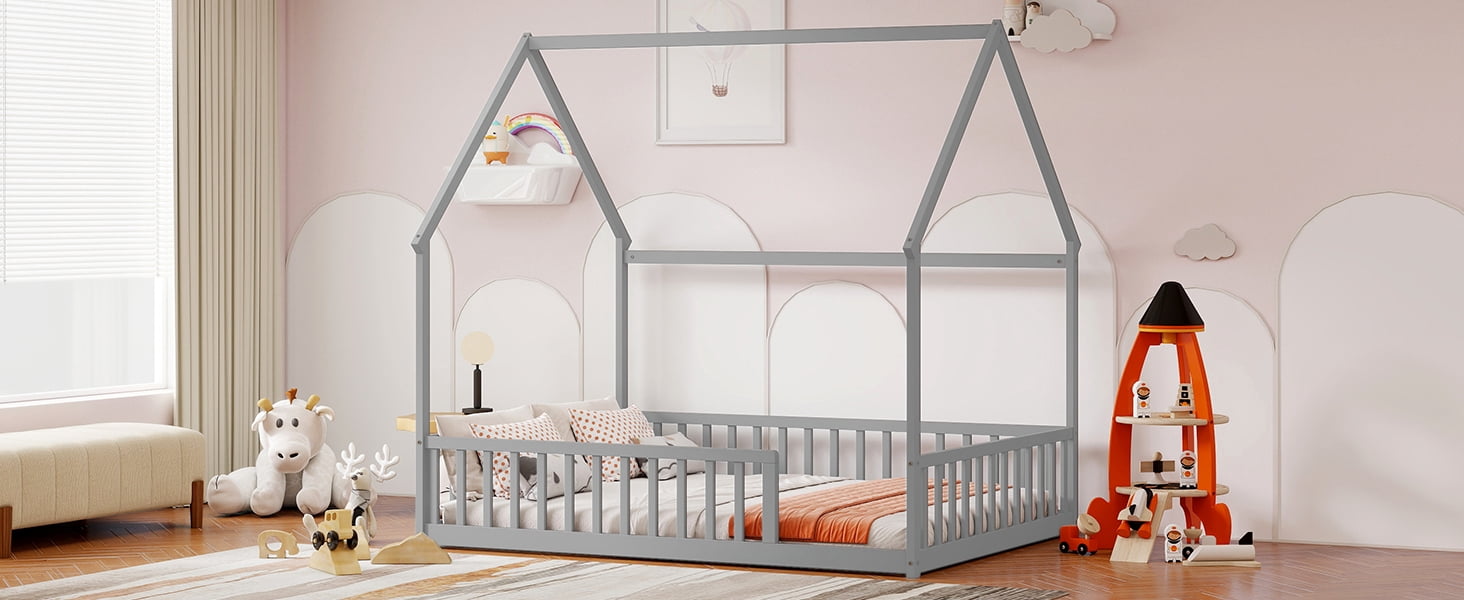 Mintazer Full Size House Toddler Floor Bed with Guardrails, Kids Montessori Low Bed with Roof Frame for Bedroom Playroom, Gray
