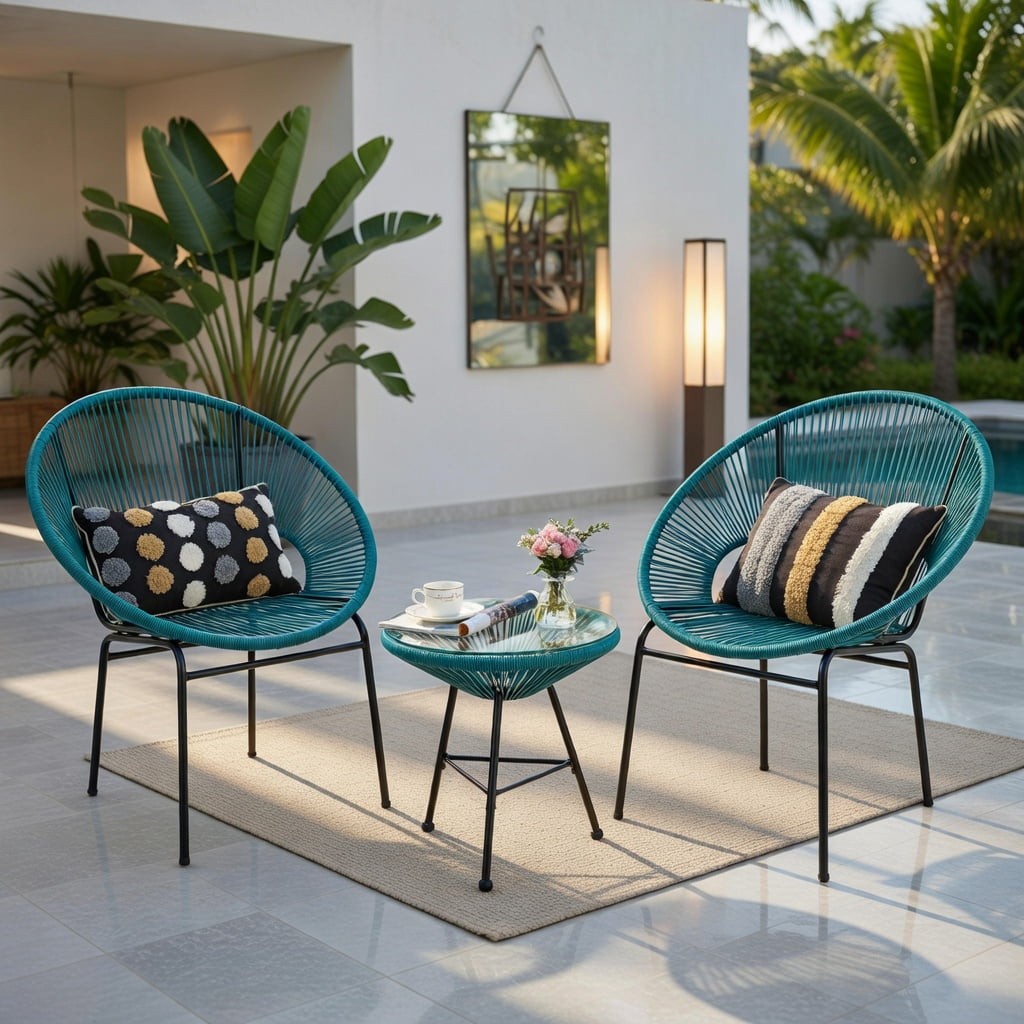 Hommoo 3-Piece Acapulco Patio Bistro Set, Plastic Rope Chairs + Tempered Glass Table for Outdoor Dining, Poolside & Garden, Turquoise