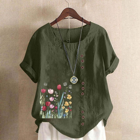 Mifsaly Plus Size Work Blouses for Women Floral Print Short Sleeve Linen Shirt Crewneck Button Down Summer Tops Loose Casual Lightweight T-Shirts Trendy Going Out Vacation Outfits 2026