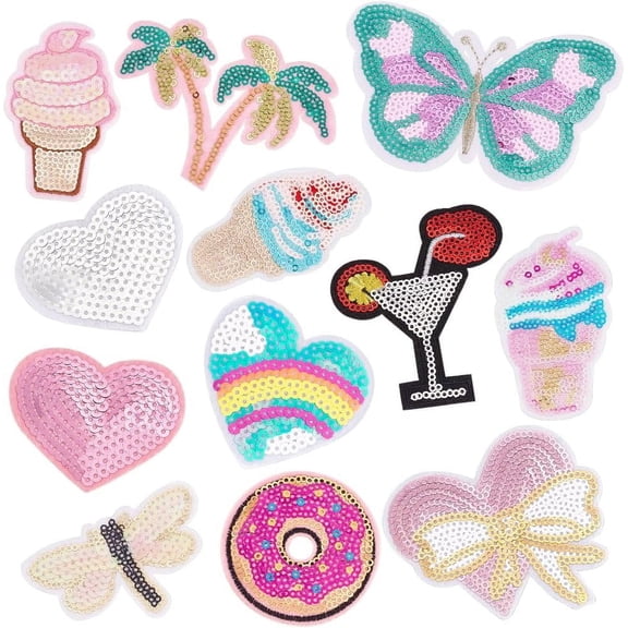 12 Styles Iron On Stickers Applique Embroidered Patches Hotfix Transfer Bling Patches Iron On Patches Glitter Sequin Stickers for Clothes Bags Jackets Jeans Summer Vacation