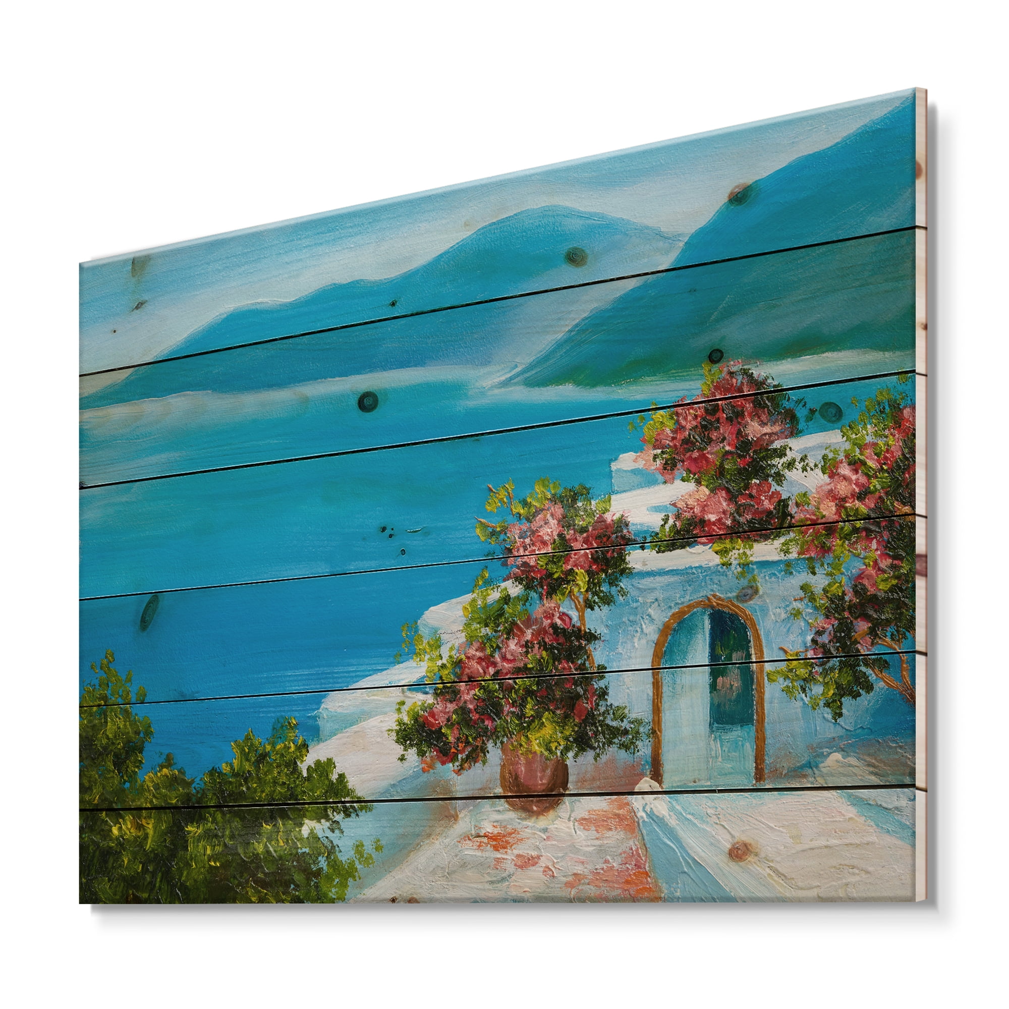 Designart 'House With Colorful Flowers Near The Sea I' Nautical & Coastal Print on Natural Pine Wood