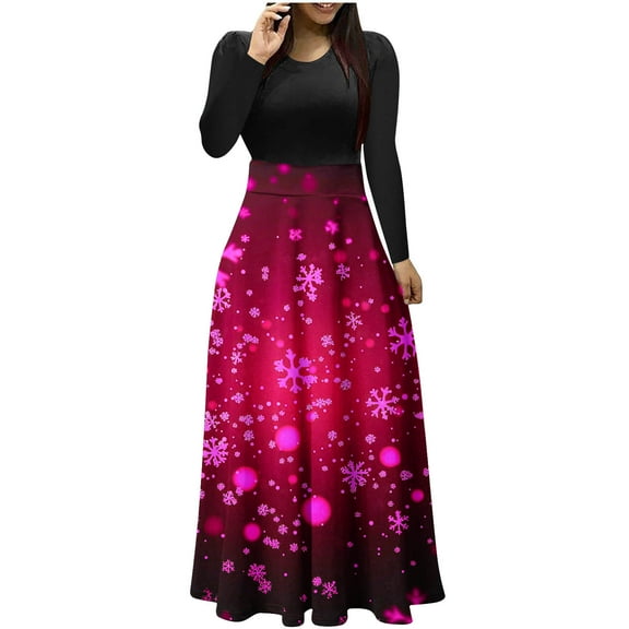 Women's Christmas Cocktial Dress Long Sleeve Crewneck Snowflare Graphic A Lined Skirt for Party Hot Pink M