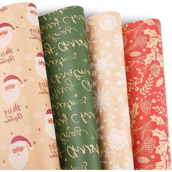 Christmas Kraft Wrapping Paper, 4 Rolls Vintage Holiday Gift Wrap, Merry Christmas Design with Snowflakes, Merry Christmas Script, Pinecones and Foliage Patterns, 17 x 117.6 Inch Per Roll