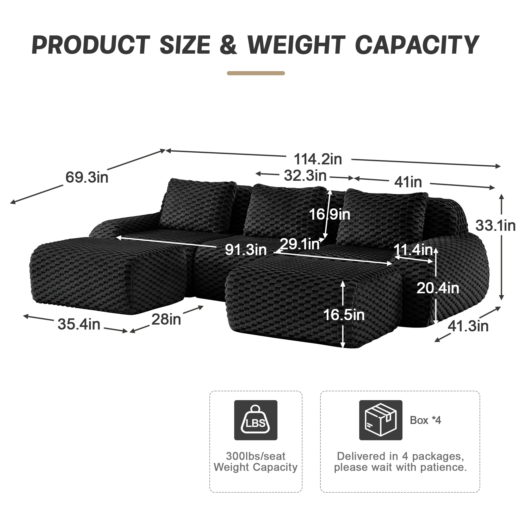 Alvantor 114" Cloud Modular Sectional Sofa with Movable Ottoman, U Shaped Deep Seat Flannelette Boneless Couch for Living Room Bedroom Black