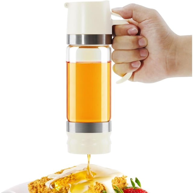 Aelga - Recipiente dosificador de miel de vidrio, antigoteo, 12 oz, con asa, dispensador de jarabe para café o té, ideal para miel y jarabe, color blanco