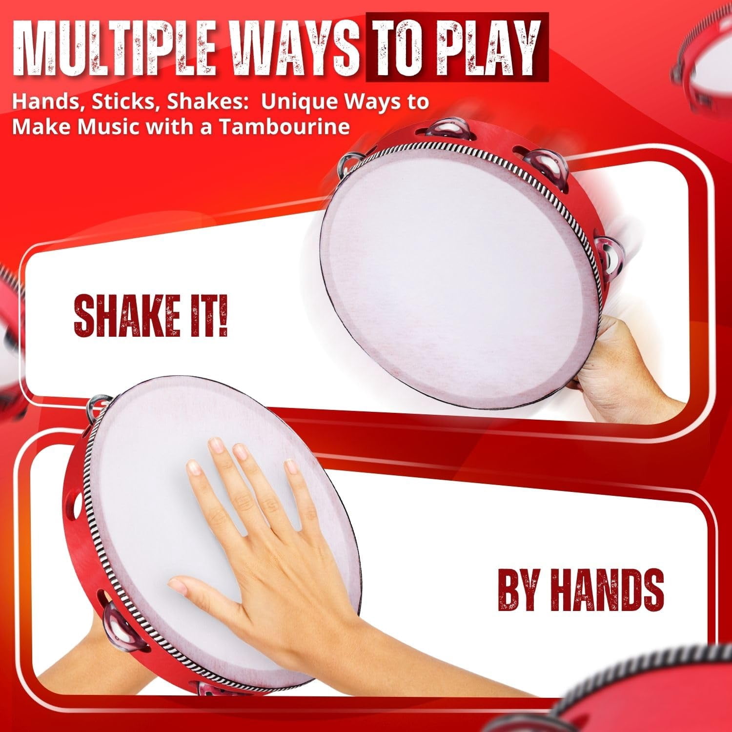 Flexzion Wooden Round Tambourine for Kids and Adults 10, 8, 6-Inch Single Row 8 Pair Jingles, Red Handheld Percussion Instrument for Beginner and Professional Tambourine Player, 3 Pack