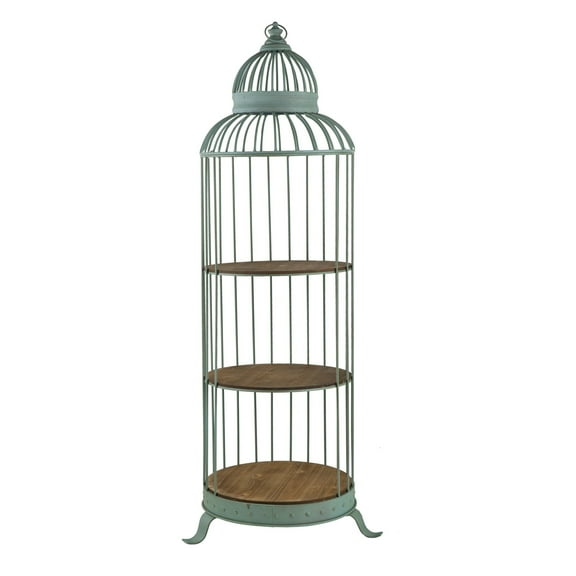 67 Inch 3 Tier Caged Iron Frame Display Shelf, Finial Top, Patina Blue