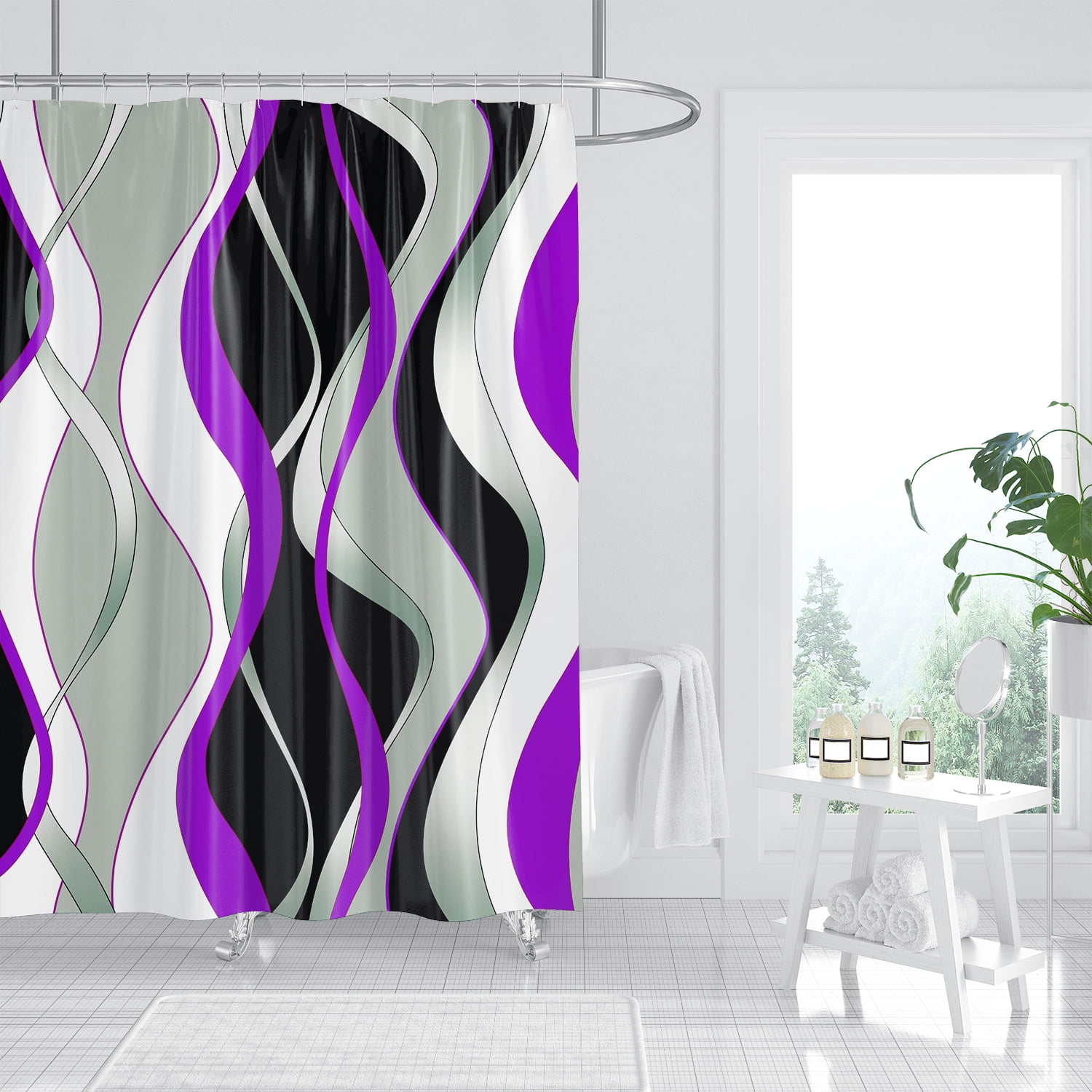 4 Pcs Purple and Black Striped Shower Curtain Set Grey and White Bathroom Sets with Shower Curtain and Rugs Modern Home Bathroom Decor Shower Curtains with Rugs and Toilet Lid Cover