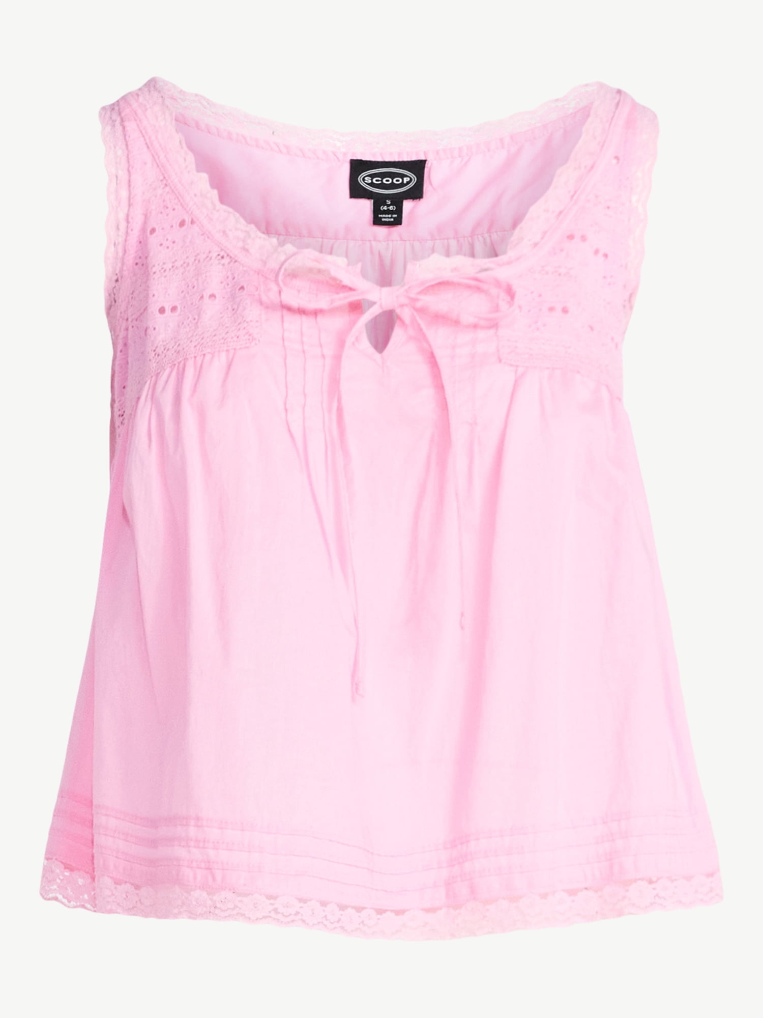 Scoop Women's and Women's Plus Flowy Cotton Tank Top with Lace Trim, Sizes XS-4X
