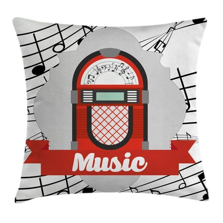 - Jukebox Throw Pillow Cushion Cover, Old Vintage Music Radio Box Cartoon Image with Notes Artwork Print, Decorative Square Accent Pillow Case, 24 X 24 Inches, Red Grey Black and White, by Ambesonne