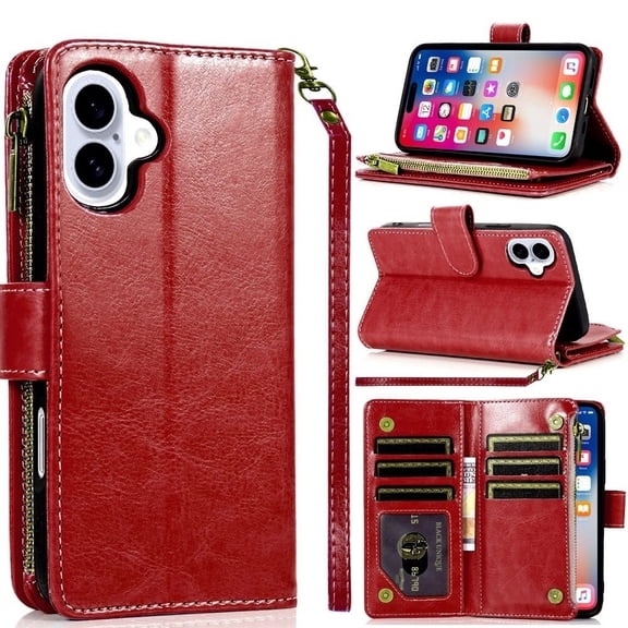 TJS for iPhone 16 Phone Case, Luxury Wallet Card ID Zipper Money Holder Cover (Red)