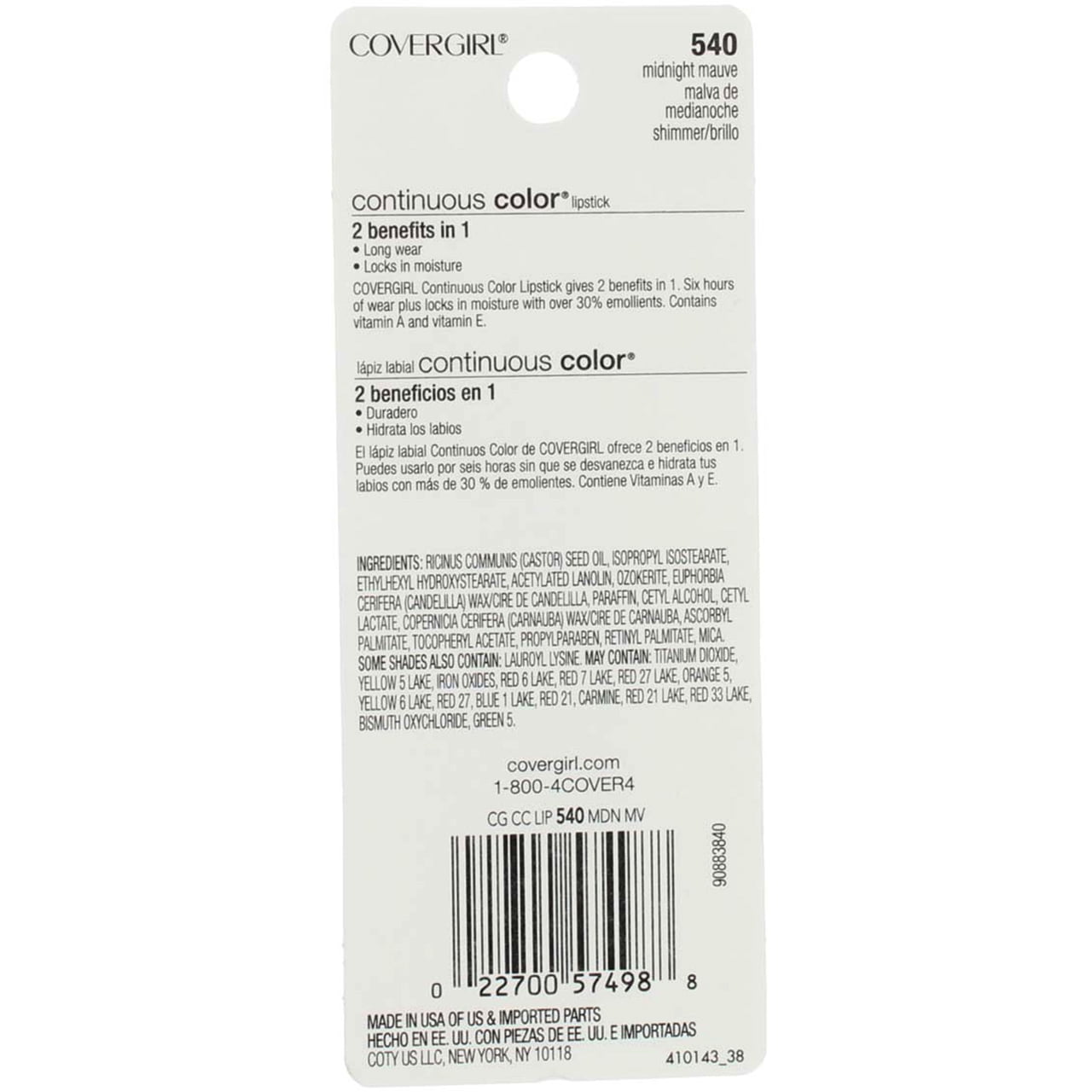 CoverGirl Continuous Color Lipstick, Midnight Mauve [540] .13 oz (Pack of 4)