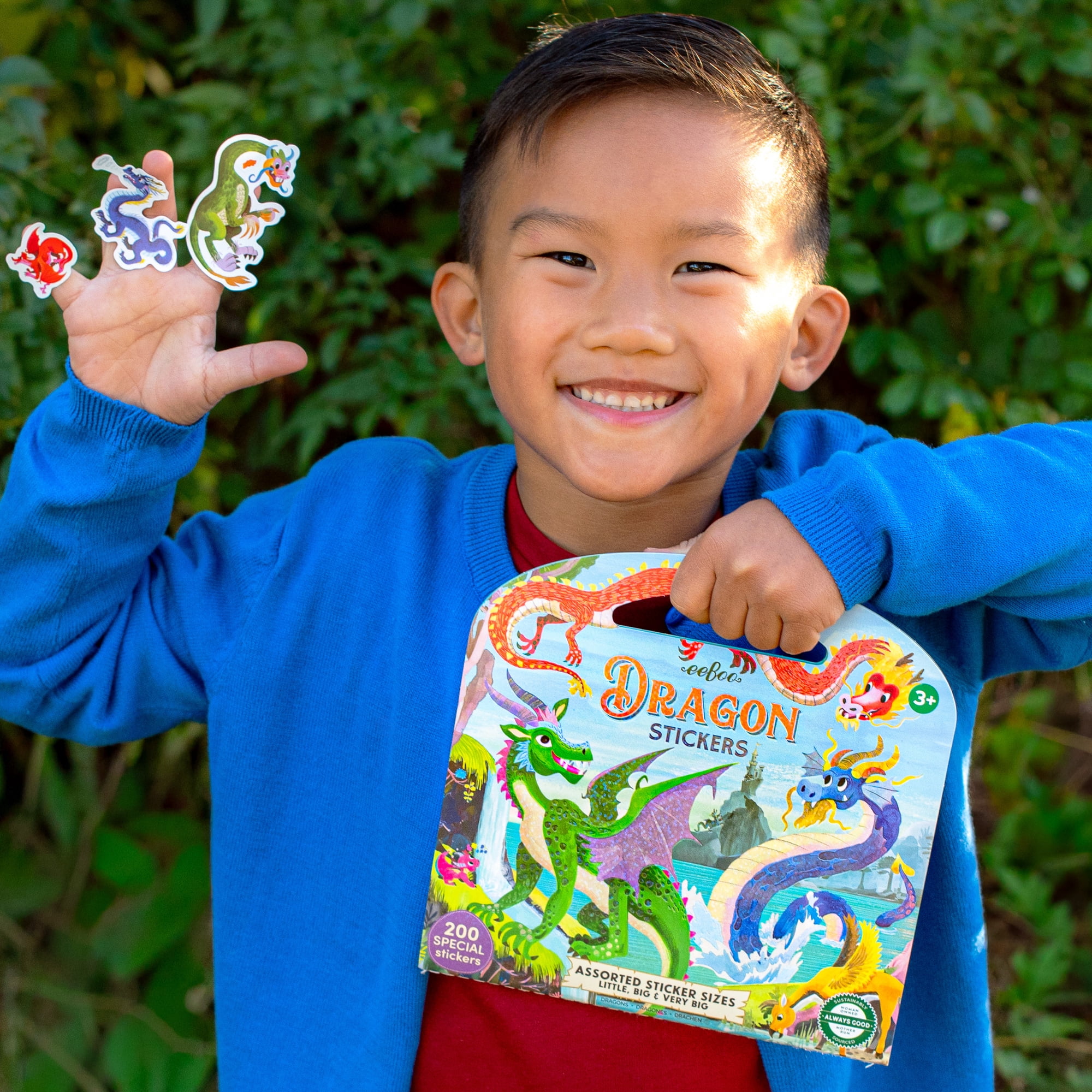 eeBoo: Dragon Shiny Sticker Book - 200+ Sparkling Fantasy Stickers, 3 Sizes: Little-Big-Very Big, Carry Handle, Various Mythical Versions, Kids 3+