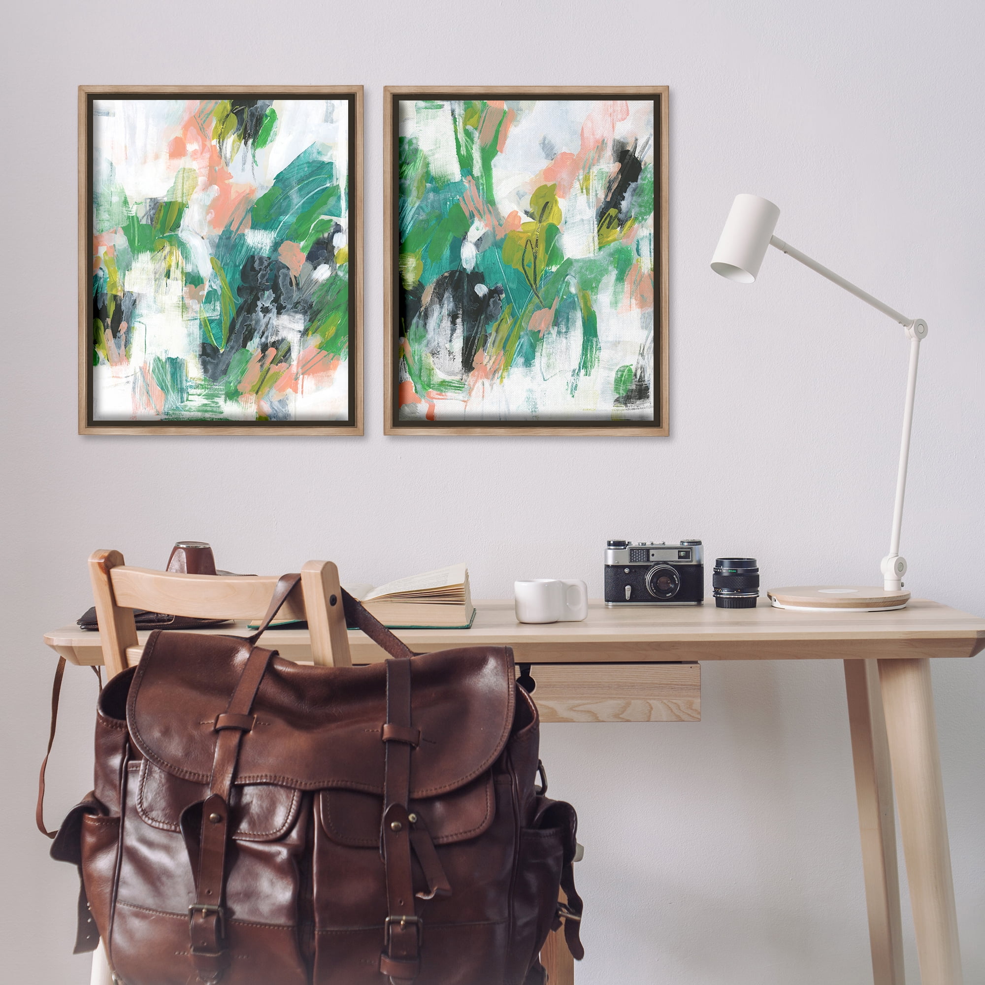 Stupell Industries Green Abstract Layers Abstract Painting Brown Floater Framed Canvas Art Print Wall Art, 31 x 25, Set of 2