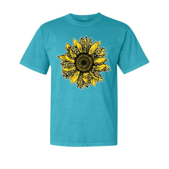 Wild Bobby,Artsy Cheetah Leopard Print Sunflower, Streetwear, Garment-Dyed Washed Look Short Sleeve T-Shirt, Blue Lagoon, Small