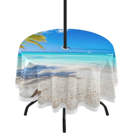 

SKYSONIC Indoor & Outdoor Round Tablecloth 60In Summer Beach Waterproof Tablecloth with Umbrella Hole and Zipper Party Patio Table Covers for Backyard /BBQ/Picnic