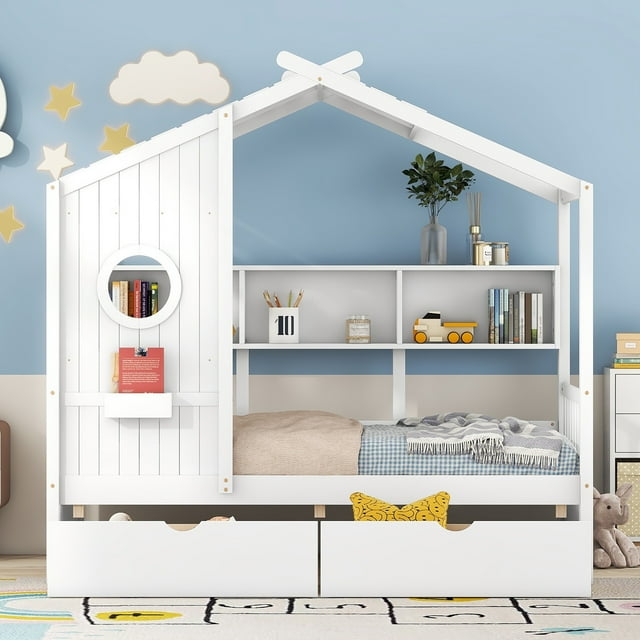 Euroco Lit Cabane en Bois Format Simple avec Armoires, Lit au Sol avec Conception de Toit et Étagères de Rangement, Blanc