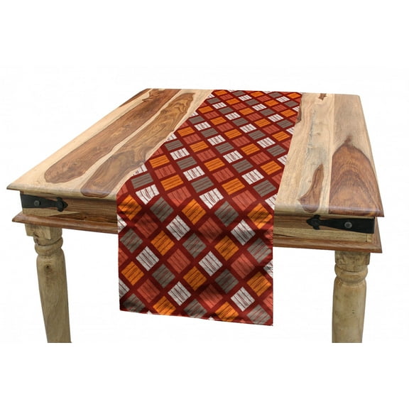 Abstract Table Runner, Squares Traditional Inspired in Warm Tones Geometric Composition, Dining Room Kitchen Rectangular Runner, 3 Sizes, by Ambesonne