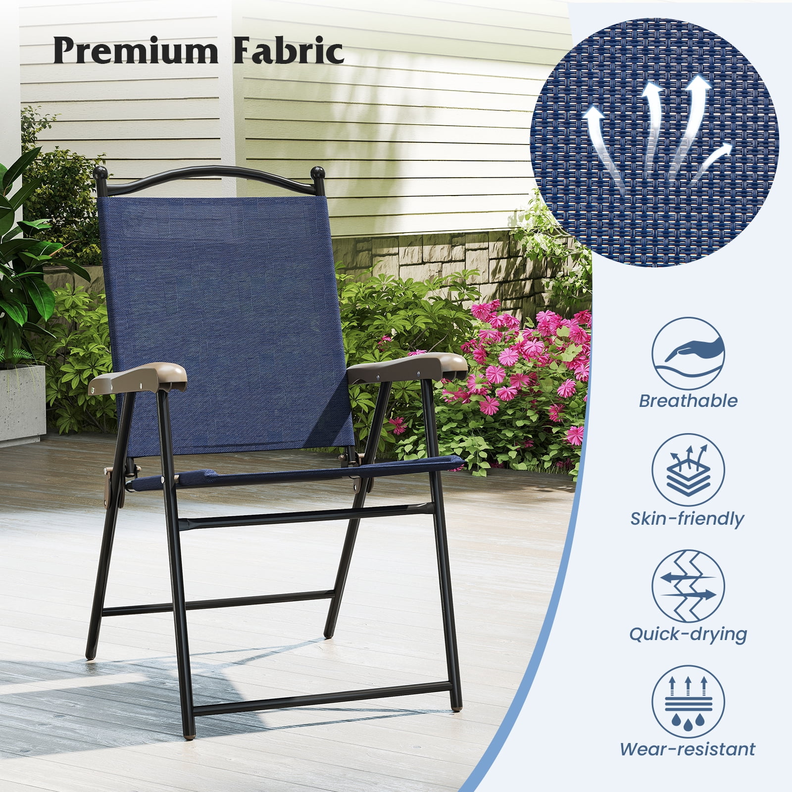 Gymax Patio Folding Chairs Set of 2 Outdoor Dining Chairs w/ Ergonomic Backrests & Armrests