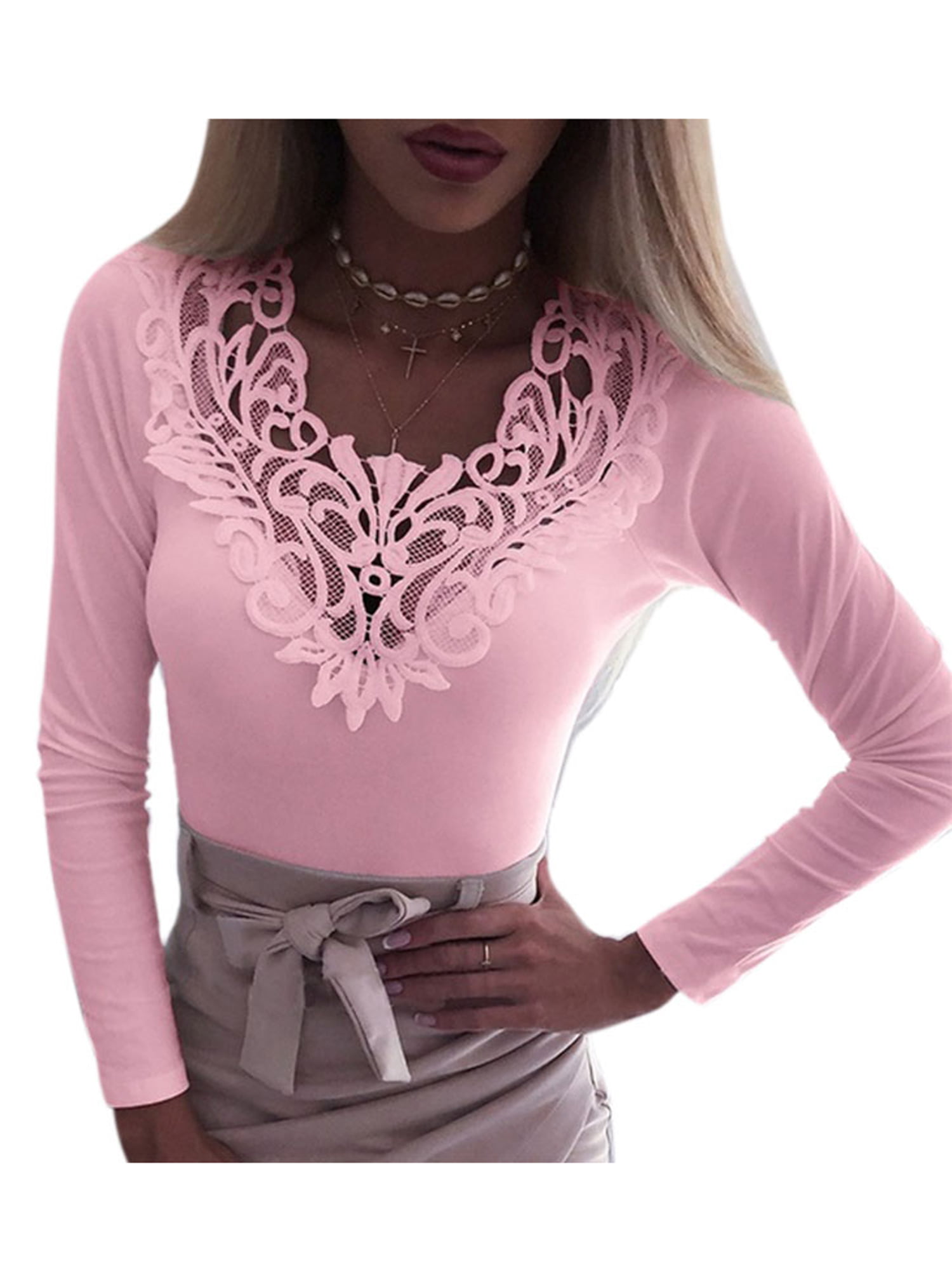 Lallc Womens V Neck Lace Shirts Plus Size Tight Blouse Long Sleeve