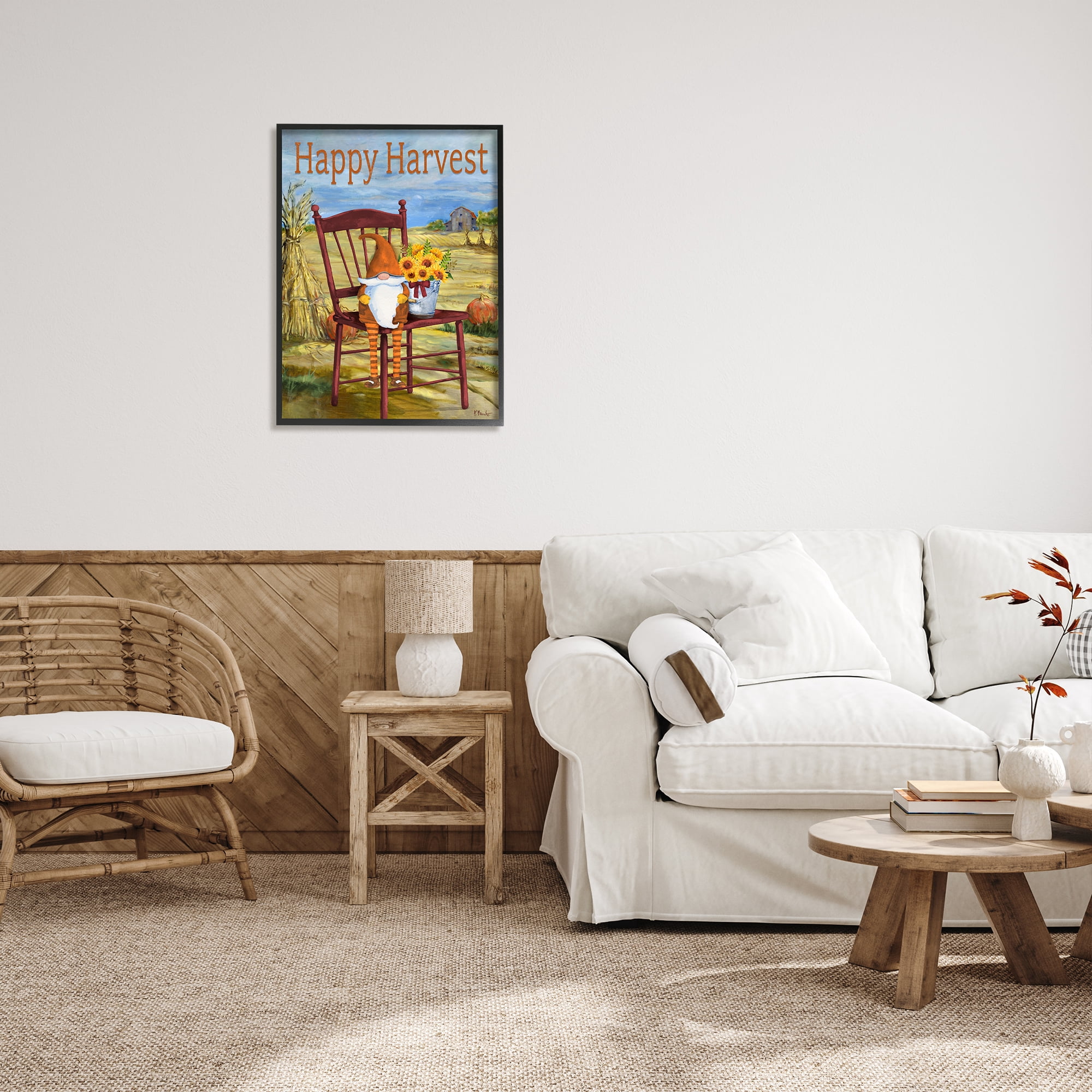 Stupell Industries Happy Harvest Country Gnome Landscape Painting Black Framed Art Print Wall Art, 24 x 30