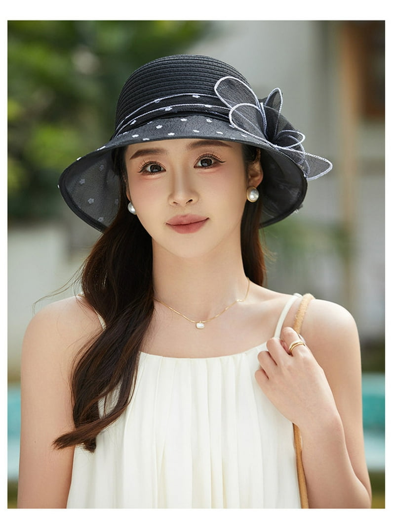 2513 Women Organza Fascinator Hat Dots Wide Brim Sun Caps Bridal Wedding Hat for Women Organza Fascinator Hat Tea Party Wedding  main image 2