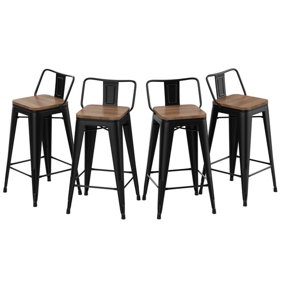 Andeworld 26" Metal Barstools Set of 4 Counter Height Bar Stools with Back (26" Seat Height, Wooden Top Low Back Matte Black)