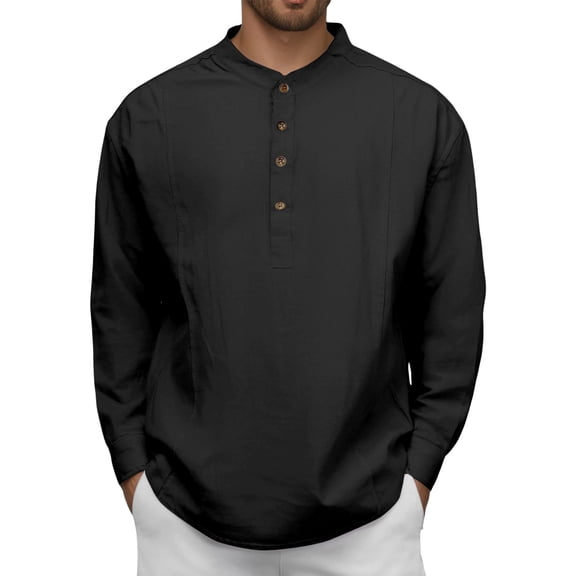 Mens Shirt Long Sleeve Crewneck Henley Shirt Lightweight Black T Shirt with Button Summer Shirts for Men