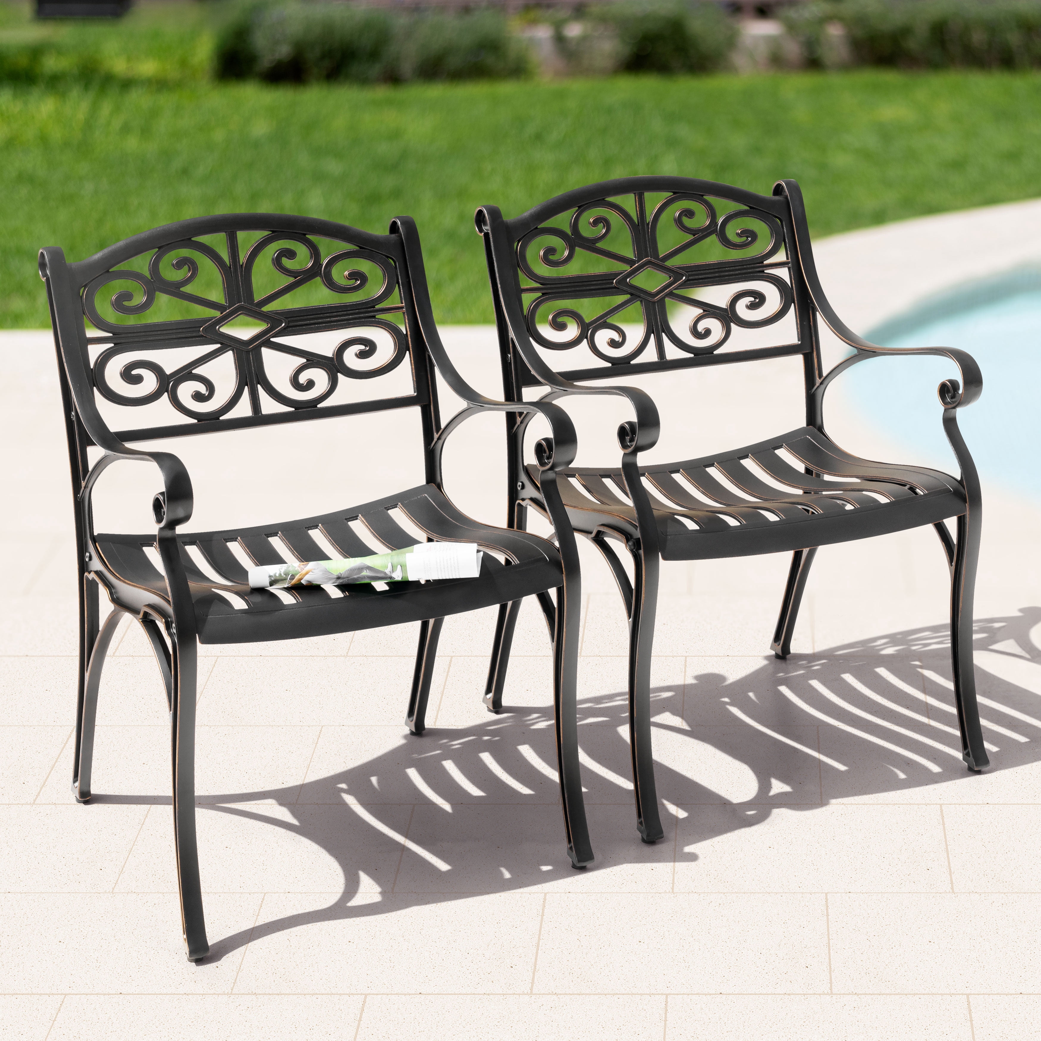 Nuu Garden Patio Dining Chairs with Armrests, Weather Resistant Cast Aluminum Bistro Chairs of 2, Outdoor Chairs for Garden Lawn Porch Backyard Pool, Black