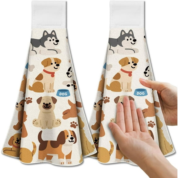 Cartoon Puppy Hanging Kitchen Towels with Loop Set of 2 - Soft & Super Absorbent Microfiber Decorative Hanging Dish & Hand Towel Tea Coffee Towel for Kitchen Bathroom Oven Handle