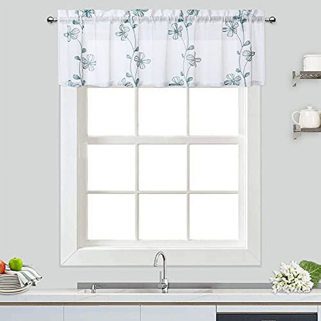 Cortinas pequeñas blancas transparentes con bordado floral para baño, semitransparentes, de 114 cm de largo, con bolsillo para barra, 66 cm de ancho x 114 cm de largo, 2 paneles