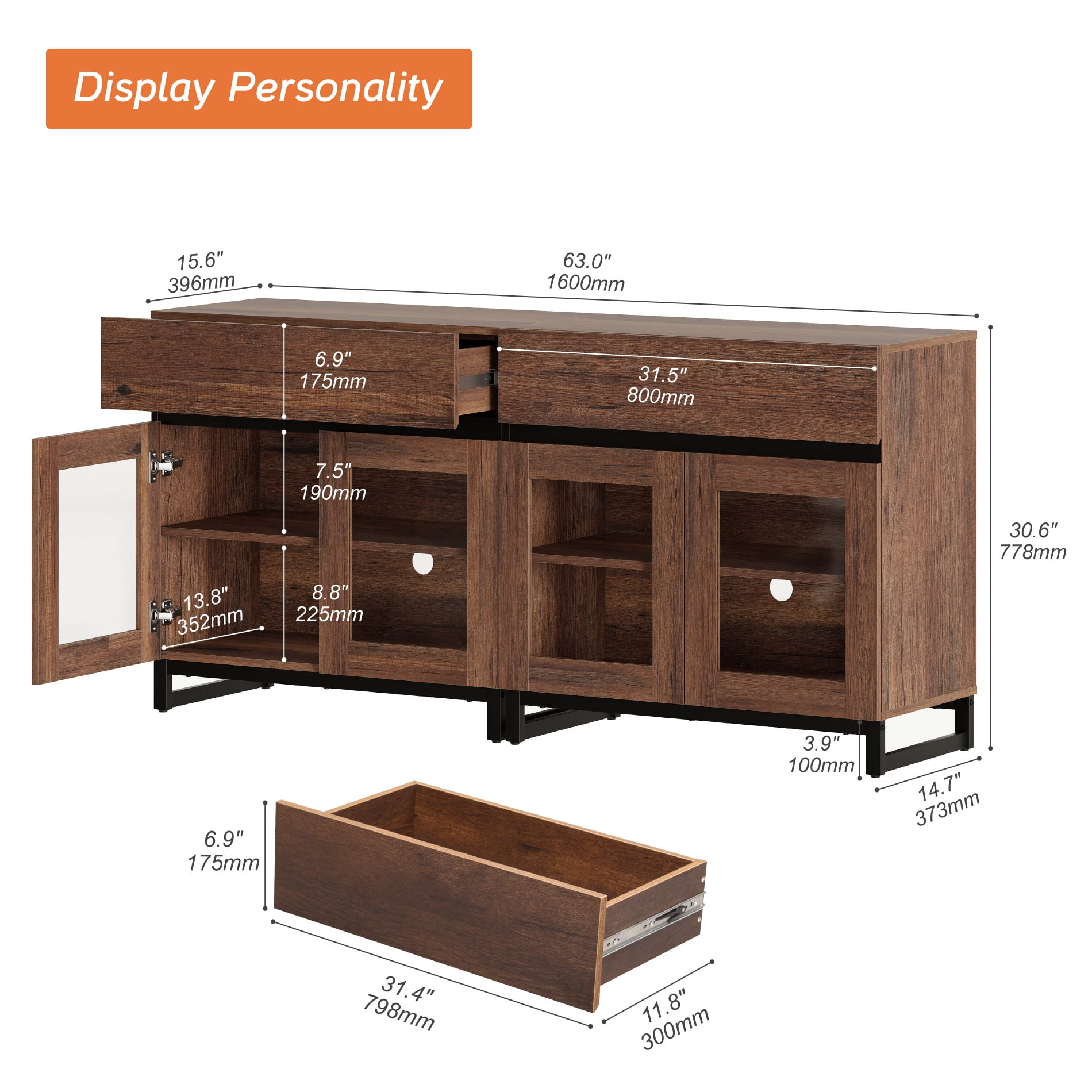 2 in 1 Sideboard with 4 Glass Doors & 2 Drawers, Metal Base, Wood Grain for Living Room, Kitchen，Brown