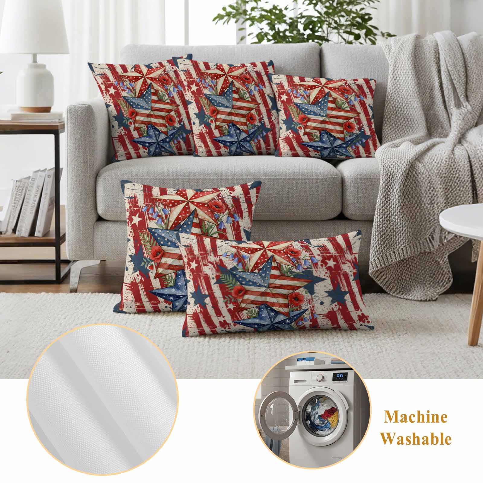 Outdoor Pillow Covers Waterproof, Patriotic USA Flag Decorative Square Throw Pillowcases Patio Cushion Covers for Tent/Garden, 20" x 20" 2 Pack, Texas Star Botanical Leaves Red Striped