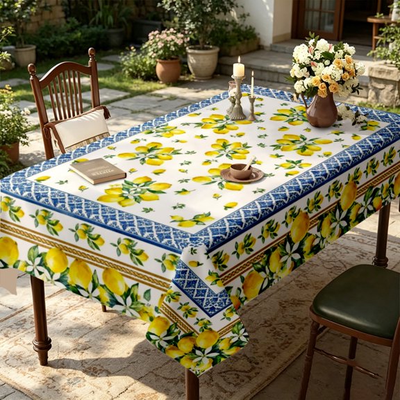 Cream Yellow Full Coverage Lemon Ditsy Floral Print Tablecloth,35x55/55x55/55x70/60x86/60x94/60x102 inch,Polyester,Family Casual Dining Home Decor