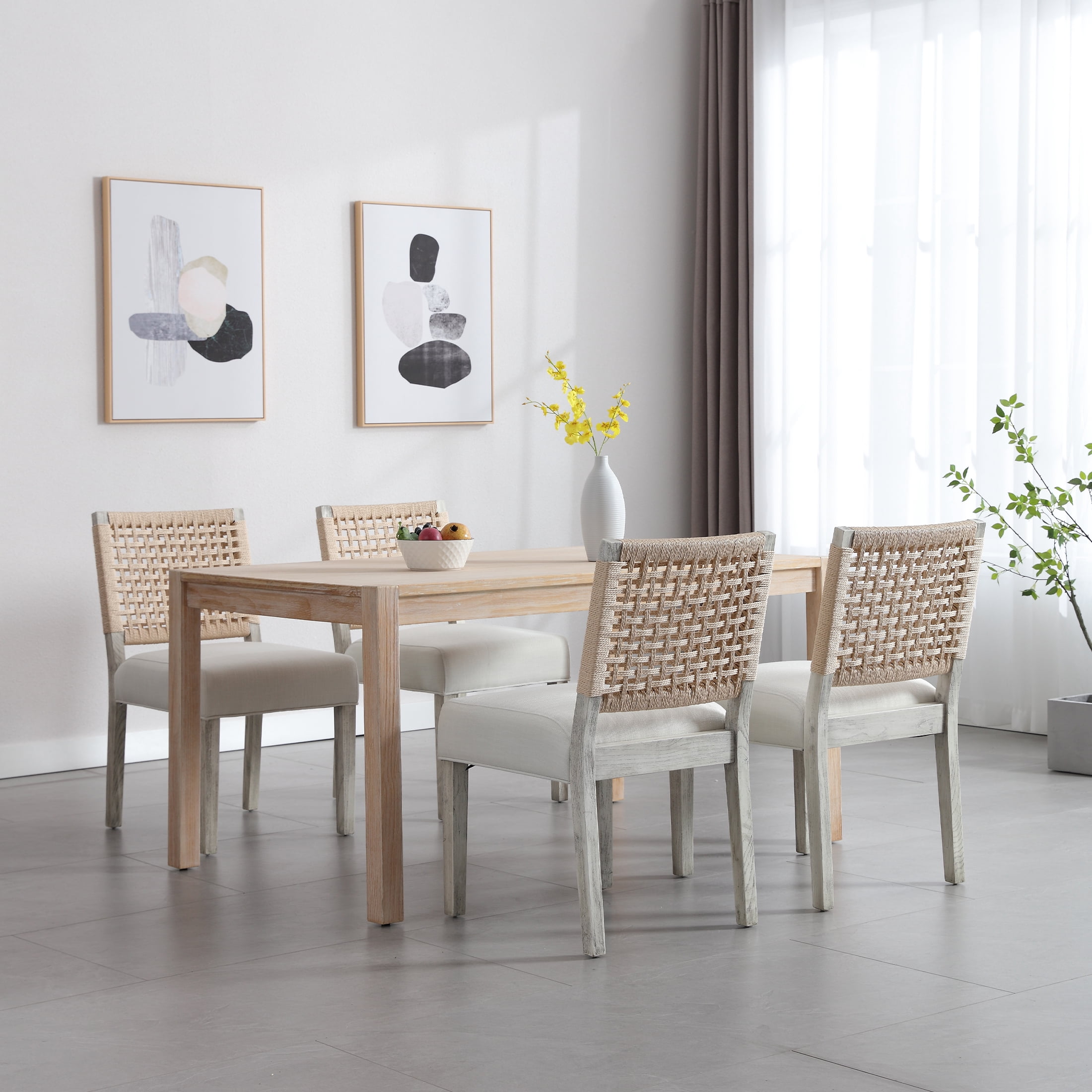 Guyou Farmhouse Dining Chairs Set of 2, Linen Upholstered Kitchen Chairs with Woven Rope Backrest, Mid Century Modern Solid Wood Side Chairs for Kitchen Dining Room, Ivory
