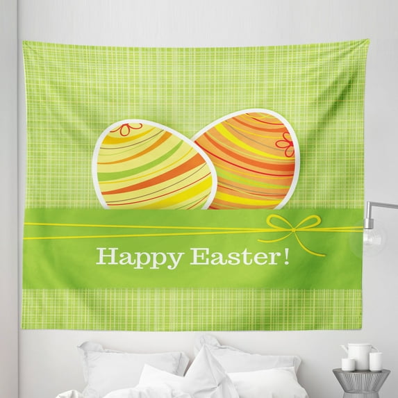 Easter Tapestry, Colorful Eggs with Stripes on a Green Checkered Squares Background Banner, Fabric Wall Hanging Decor for Bedroom Living Room Dorm, 5 Sizes, Multicolor, by Ambesonne