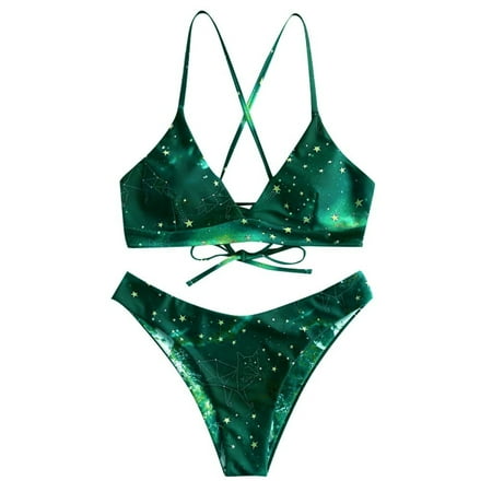 CAICJ98 Plus Size Swimsuit Women s Knot Hem Top with High Waist Ruched Panty Two Piece Swimsuits Green XL