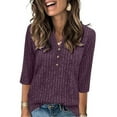 thumbnail image 5 of Fanxing Womens 3/4 Sleeve Pullover Sweaters Cozy V Neck Henley Button Tunic Tops Casual Dressy Soft Fall Knit Blouses Purple XL, 5 of 7