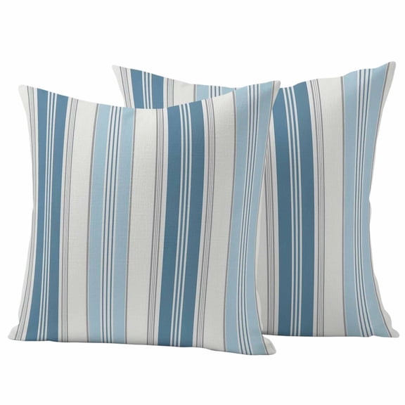 Blue Striped Outdoor Waterproof Pillow Covers, Modern Farmhouse Stripes Grey Decorative Square Throw Pillowcase Sofa Cushion Sham for Patio/Couch/Chair, 24"x24" 2 Pack