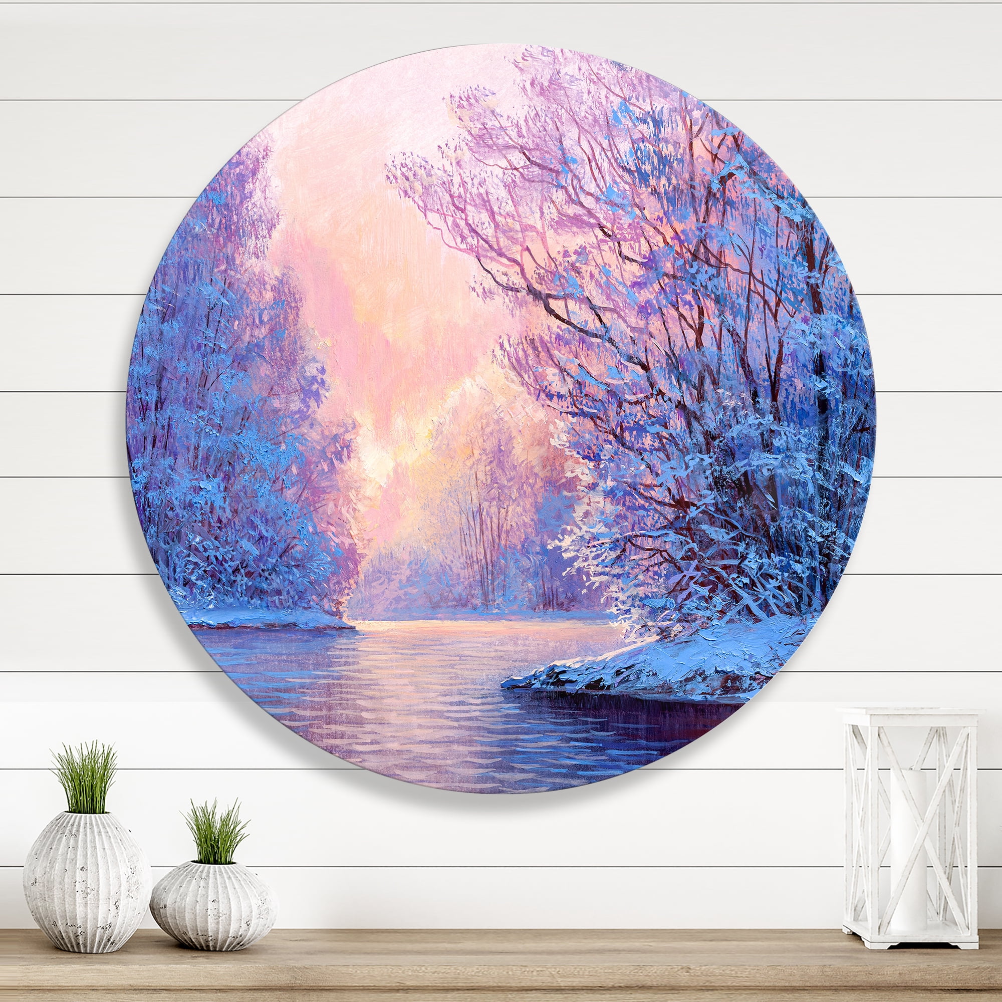 Designart 'The River Original With Winter Landscape' Lake House Circle Metal Wall Art 23x23 - Disc of 23