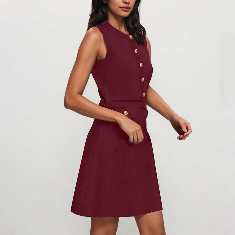 SMihono Women's Formal Work Mini Dress Casual Summer Crew Neck Sleeveless  Elegant Button Bussiness Office Outfits Wine XXL