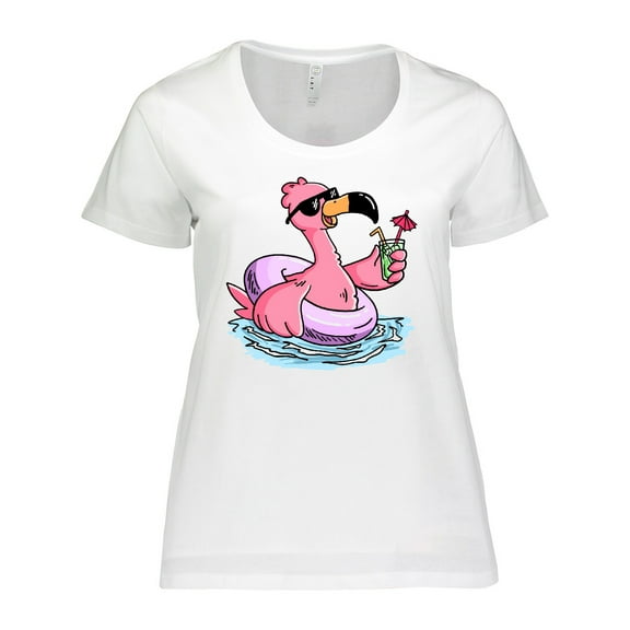 Inktastic Flamingo with Sunglasses Pool Float and Drink Women's Plus Size T-Shirt
