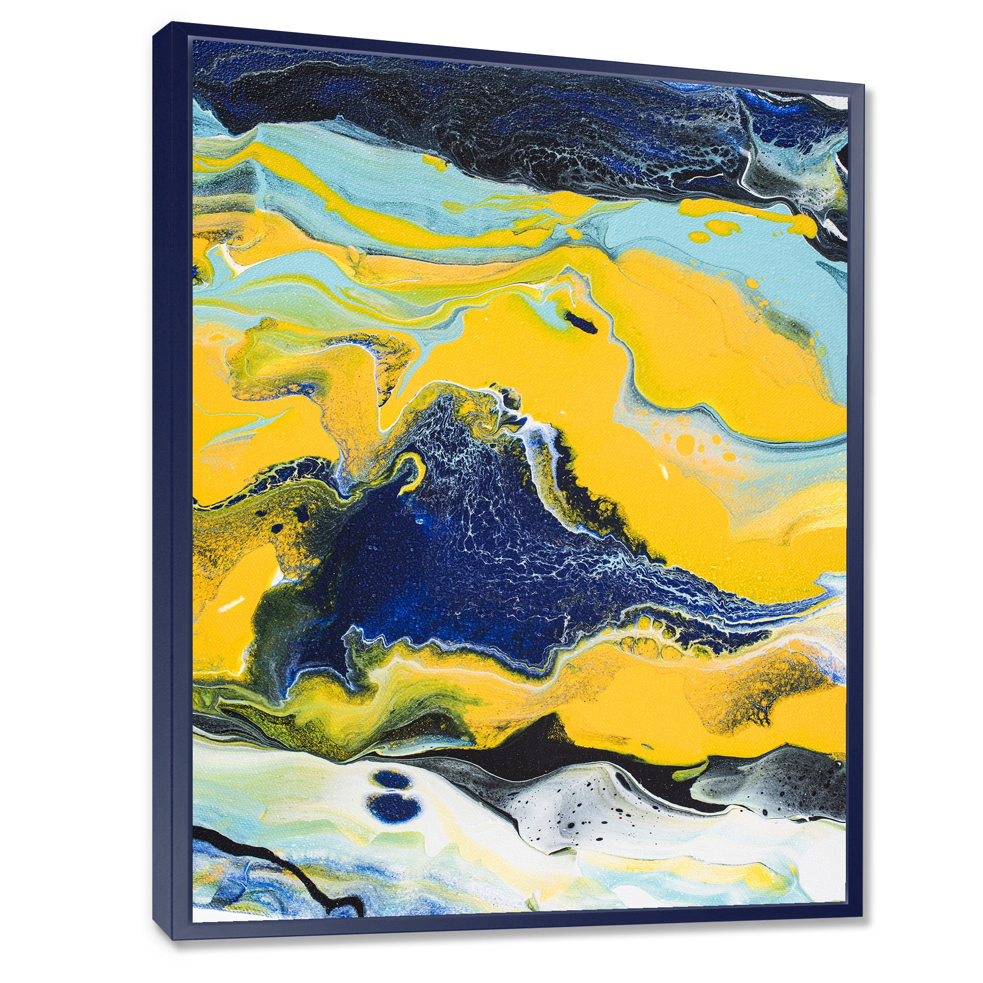 Designart 'Abstract Marble Composition In Blue and Yellow I' Modern Framed Canvas Wall Art Print