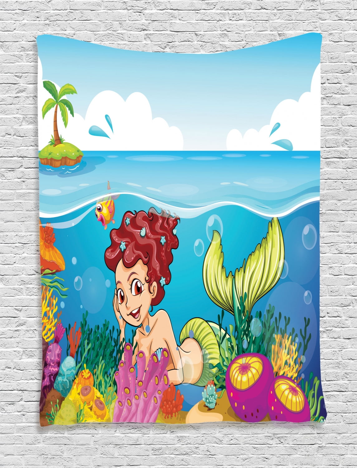 Mermaid Decor Wall Hanging Tapestry Illustration Of A Smiling Mermaid Under The Sea Garden Palm Tree Island Bedroom Living Room Dorm Accessories By