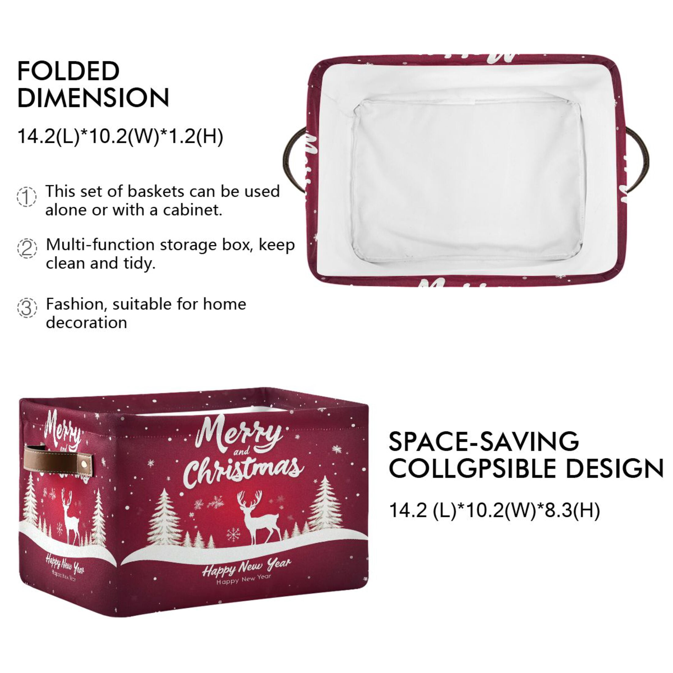 Ryvnso Christmas Reindeer Storage Basket Large Bin Foldable Boxes Toys Organizer 14.2x10.2x8.3in 2 PCs