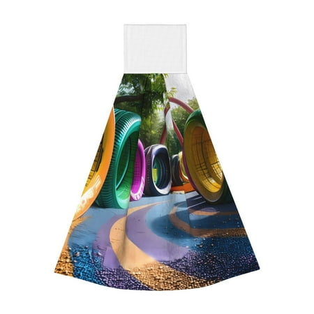 

Disketp Colorful Tire Tunnel Park Hanging Kitchen Towel Tie Towels Tea Bar Dish Cloths Dry Towel for Laundry Room Decor (18*14in)