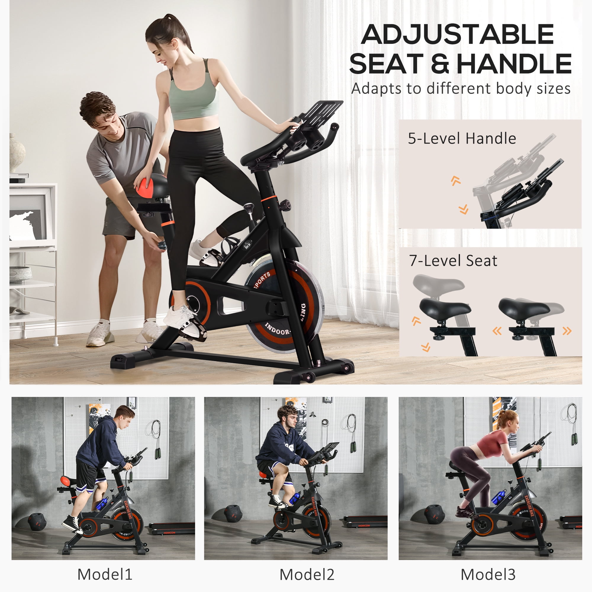 Soozier Exercise Bike, Flywheel Indoor Stationary Bike, Adjustable Height and Resistance, with LCD Monitor, 264 lbs. Weight Capacity, Black and Red